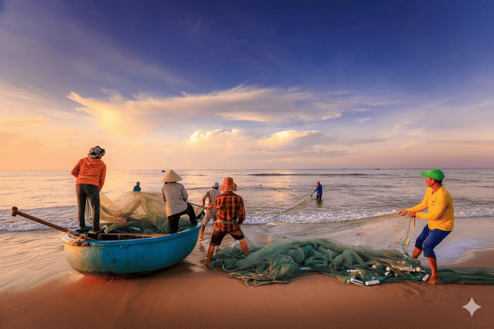 Nơi đây, nhịp sống chậm rãi của làng chài hiện hữu rõ nét qua những mẻ lưới, những chiếc thuyền thúng truyền thống